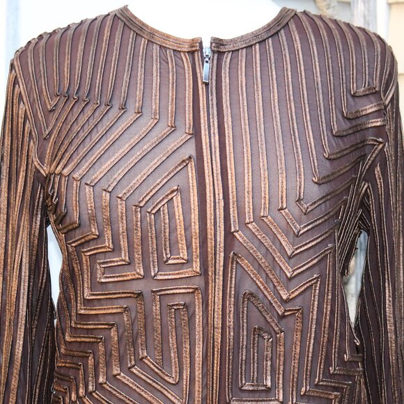 Andrea Rosati Brown Faux Leather Cut Out w Mesh Geometric Pattern Jacket Sz 8 - Picture 2 of 8
